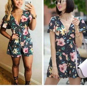 Zara Black Romper with Tropical Floral Polka Dot Print Summer Retro Vacation